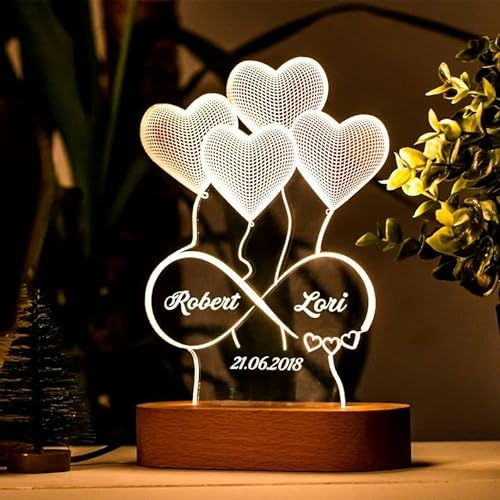 Transparent Gift Lámpara Personalizada con Nombres y Fecha Infinito Corazones. Lámparas Personalizadas con Luz LED. Regalos para Parejas. Regalos Personalizados para San Valentín. Regalos para Bodas