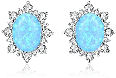 Musihy Silber Ohrstecker Ohrstecker Für Damen Pärchen Geschenk Blume Ovale Form Künstlicher Opal Blau