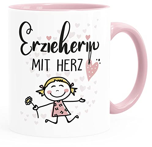 Moonworks® Kaffee-Tasse Geschenk Abschied Danke Erzieherin Erzieher Abschied Kita Kindergarten Kinder weiss-innen-rosa standard