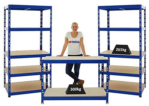 PROREGAL Mega Deal | 2X Schwerlastregal Tiger & 1x Werkbank Tiger | Fachlast bis 300kg | Blau | Werktisch Arbeitstisch Kellerregal Lagerregal