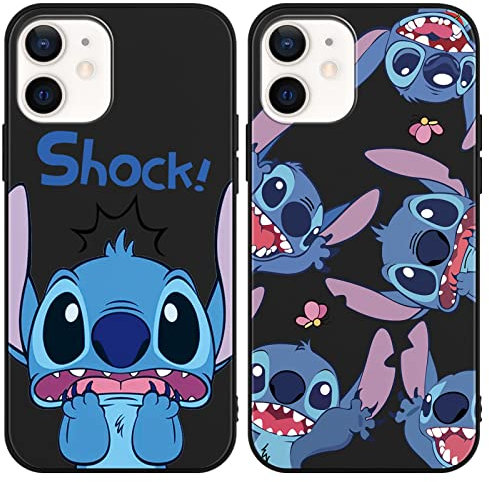 Omyzo [2 pieces Case Compatible with iPhone 12/12 Pro 6,1 Stitch Case,Soft TPU Silicone Shockproof Cover Cute Cartoon Kawaii Character Design for Kids Women Boys Girls Protective Phone Cover Black
