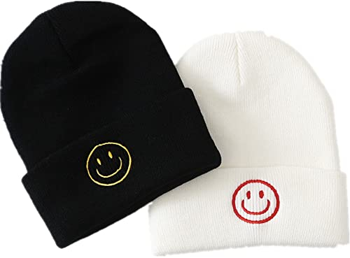 LANLYLGQ 2Stück Beanie Unisex Herren Damen Wintermütze Strickmütze Warmmütze Skimütze Stickerei Smiley Face (Schwarz+Weiß Z)