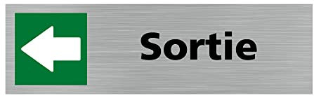 Pictogramme SORTIE VERS LA GAUCHE (Q0382). Signalisation Porte - 170 X 50 mm - Autocollant souple ou plaque alu brossé 2mm. - Plaque aluminium brossé - Plaque aluminium brossé -