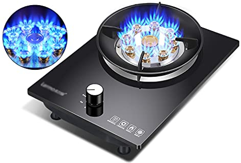 IBOWZ Tables de Cuisson à Gaz Table de Cuisson à gaz Portable pour Cuisine Domestique,Plaque de Cuisson à gaz intégrée 1 brûleur avec FFD/FSD,Verre Noir (Brillant),Facile à Nettoyer [Classe énergé