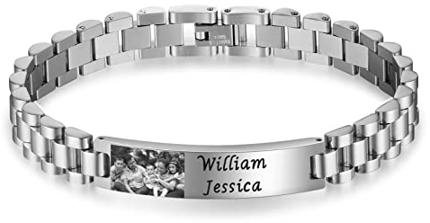 kaululu Herren Armbänder mit Namen Foto Gravur Personalisierte Armbänder Silber Edelstahl für Männer Schmuck Geschenke für ihn Vater und Sohn Bruder Ehemann