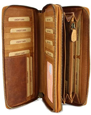 Hochwertige XXL Vintage Leder Damen Geldbörse Portemonnaie langes Portmonee Geldbeutel Organizer mit extra vielen Fächern inkl. RFID in braun Gemustert - 20x11x3,5cm (B x H x T)