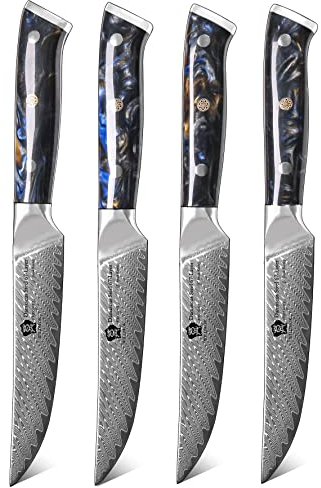 WILDMOK Lot de 4 couteaux à steak non dentelés de 12,7 cm, couteaux à steak japonais en acier Damas VG10, ensemble de couteaux à steak de qualité supérieure avec boîte cadeau