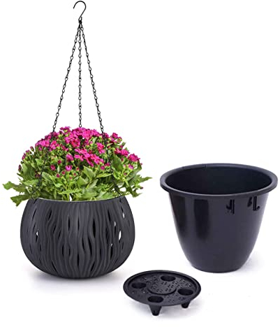 Moollyfox Blumenampel Außen, Ø 25cm Blumentopf Hängend mit Rostfrei Ketten, Hängeampeln Outdoor Kunststoff für Draußen, Hängeblumentöpfe mit Ablaufloch, Hängeampeln für Außen Innen Decken Pflanzen