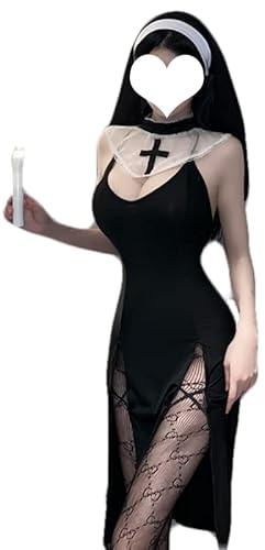 JasmyGirls Cosplay Dessous Sexy Nonne Kostüm Freches Anime Teufel Rollenspiel Maid Outfit Halloween Goth High Slit Dress Up