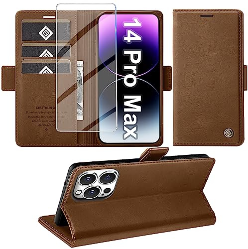 Giyer Handyhülle für iPhone 14 Pro Max Hülle mit Displayschutzfolie, Leder Wallet Kartenfach Ständer Tasche Schutzhülle für iPhone 14 Pro Max Flip Case Kameraschutz Vollschutz Klapphülle (Braun)