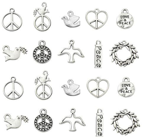 DanLingJewelry 100 Stück 10 Stile Frieden und Liebe Thema Charms Peace Zeichen Taubenzweig Charms für Schmuck Basteln