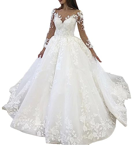 HEULORIA Robe de Mariée Princesse Dentelle Manches Longues BA-VL-0627(40, Regular, Regular, Blanc)