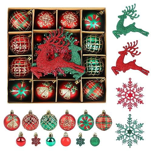 40Pcs Albero di Natale Baubles Rosso Verde Glitter Palline di Natale Fiocchi di Neve Decorazioni Albero di Natale infrangibile Ornamenti per Alberi di Natale Ghirlande Home Decor