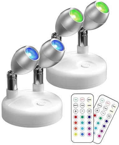Bonlux LED Battery Spotlights, RGB Picture Lights for Wall Battery Operated with Remote Control Dimmer Timer Wall Light Indoor with Double Head for Dartboard Light Art Lights Party Light, 2pcs White