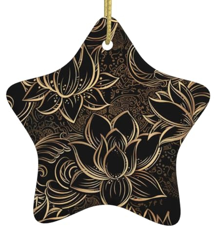 Boho Gold Lotus Blumen Keramik Hängende Christbaumschmuck - Doppelseitiger Druck Festliche Sternform
