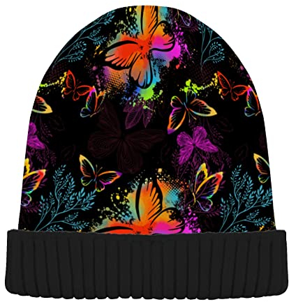 GaRcan Beanie-Mützen für Herren und Damen, Schmetterlings-Batik-Manschetten-Skullies-Mütze, warme Wintermütze, wendbar, Dicke Mützen