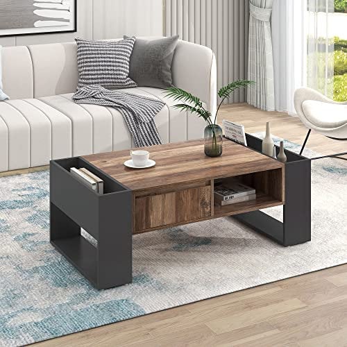 Merax Wood Grain Coffee Table with a Handleless Drawer, 2 Storage Compartments and 2 Side Storage Spaces, Multi-functional Coffee Table with Storage, Modern Coffee Tables for Living Room, Rustic Brown