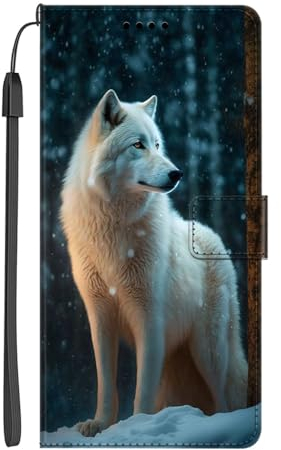 EuoDuo Kompatibel mit iPhone 6 / iPhone 6S Hülle zum Klappen PU Leder Handyhülle Wallet mit Muster Klapphülle Flip Case Etui Schutzhülle - Schneeflocke Wolf