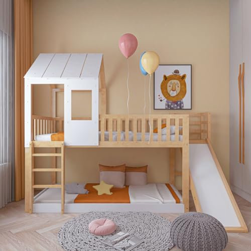 Etagenbett Kinderbett 90 x 200 mit Rutsche und Leiter,Hochbett Hausbett für 2 Kinder,Stockbett Spielbett Jugendbett mit Dach & Fenster,Baumhaus Doppelbett mit Rausfallschutz & Lattenrost, Natur+Weiß