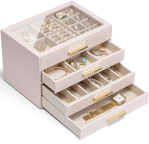 Vlando Schmuckkästchen Groß, Schmuckkasten mit 4 Ebenen, Schmuck Organizer mit Glasdeckel, 4 Schubladen,für Halsketten, Ohrringe, Uhren, Armbänder, Schmuckaufbewahrung, Modern, Cinderella Plus, Rosa