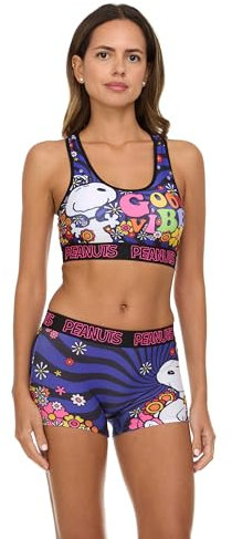 COCO BRANDS Damen-Sport-BH-Set – 2-teiliges Peanuts-Snoopy-Racerback-Sport-BH und Boxershorts für Damen (Größen: S-XL), Snoopy Good Vibes Schwarz & Lila, Large