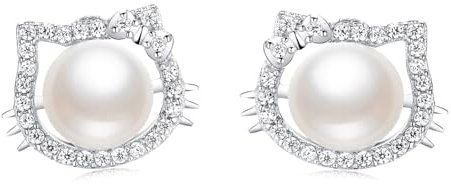 Kaguyo-Silberohrringe für Damen – 925 Sterlingsilber Zirkonia Niedliche Katzenohrstecker für Damen, Mädchen und Kinder – Geburtstagsgeschenk (pearl cat earrings)