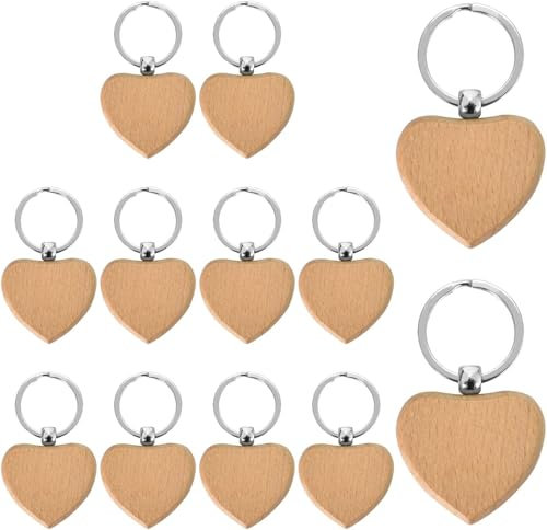 SZKKQKJ Lot de 12 porte-clés en bois DIY pour clés, sac à main, porte-monnaie, cadeau peint, personnalisé, en forme de cœur, bois naturel, vierge, porte-clés avec anneau