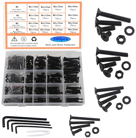 HVDHYY Bulloni e DadiM3 M4 M5 M6 Viti Neri Assortimento Kit Acciaio al Carbonio Rondelle Dadi Viti a Testa Piana Esagono Incassato con Scatola di Immagazzinaggio Dotato di 4 Chiavi 500pcs