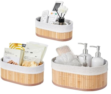 Eden & Willow Set of 3 Storage Shelf Baskets with Lining, Stackable Bamboo Storage Divider Boxes for Closet Drawer & Cupboards | Organiser Bins for Cupboards (Set of 3 - Oval)