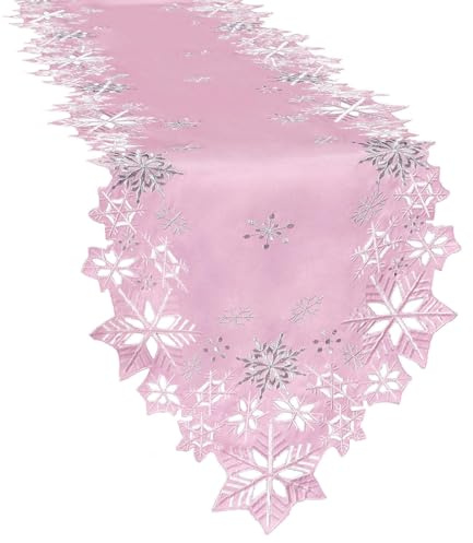 Simhomsen Embroidered Pink Snowflakes Table Runners for Christmas Holiday and Winter (Pink, 14×34 inches)