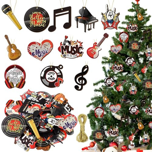 Vercraft 36 Pcs Christmas Musical Instrument Ornaments Wooden Christmas Music Tree Ornament Guitar Piano Microphone Music Note Xmas Tree Hanging Decorations for Birthday Party Supplies