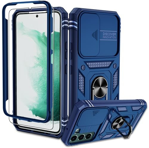 Pilaru für Samsung Galaxy S22 Hülle, S22 Kameraschutz Handyhülle mit 1 Stück Schutzfolie, 360° Drehhalter Ring Schutzhülle Militär Outdoor Stoßfest Kratzfest Handy Hüllen für Samsung S22-Blau