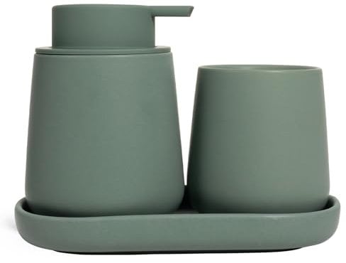 Autumnlife Badezimmer Set Grün, 3-teiliges Badezimmer Zubehör Set aus Keramik, Dekoratives Badzubehör Enthält Seifenspender Zahnputzbecher & Badablage für Schmuck, Geeignet für Bad,Waschbecken