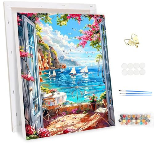 MEIYUDA Peinture par Numero Adulte avec Cadre Paysage bord de mer, DIY Kit Peinture, Pinceaux Peinture de Dessin de Pigment Acrylique, Loisirs Créatifs Adultes Decoration Maison Cadeau 30x40cm