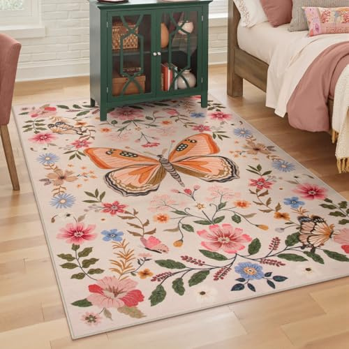 Lahome Schmetterlings-Insekten-Teppich für Schlafzimmer, niedriger Flor, waschbar, kleiner Blumen-Teppich für Mädchenzimmer, rutschfester Boho-Teppich, 7,6 x 12,7 cm, für Kinderzimmer, Schlafsaal