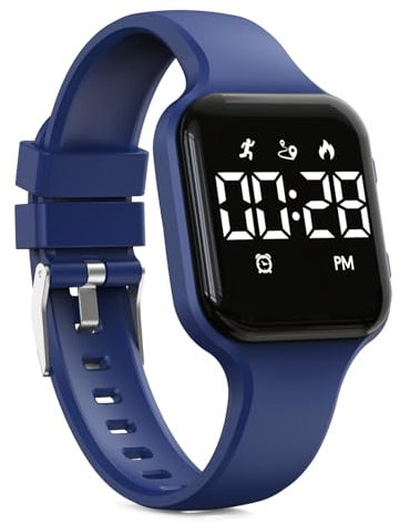 Focwony Montre numérique étanche pour enfants avec podomètre, affichage LED, chronomètre, pour enfants, garçons, filles, adolescents, bleu foncé, taille unique, Moderne