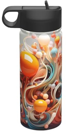 3d colorful swirls and balls Travel leisure insulated water bottle, stainless steel straw water bottle (18 oz), suitable for camping fitness outdoor hiking,