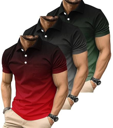 3 Pack Men's Polo Shirts Short Sleeve Casual Polo T Shirt Color Block Slim Fit Golf Shirts with Pocket