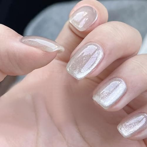 JUSTOTRY 24 Pcs Cat Eye False Nails Short Pattern,White and Silvery Glitter Square Press on Nails,Glossy Fake Nails Medium for Nail Art,French Squoval Cateye Stick on Nail for Women Gifts
