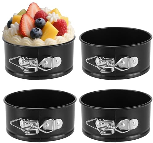 ZOENHOU 4 moldes redondos para tartas de 11 cm, 4 pulgadas, color negro, con base extraíble, antiadherente, molde pequeño para hornear pasteles, panes y postres