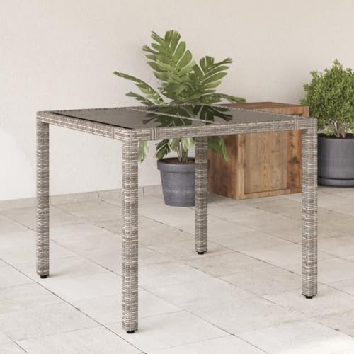 WSJHUHK Möbel, Outdoor-Möbel, Outdoor-Tische, Gartentisch mit Glasplatte, grau, 90 x 90 x 75 cm, Polyrattan