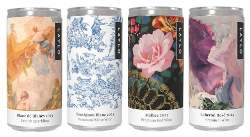 Laylo Canned wine taster 4 pack sparkling, white, red and rosé: French Blanc de Blancs (200ml), French Sauvignon Blanc, Spanish Malbec, French Luberon Rosé (187ml)