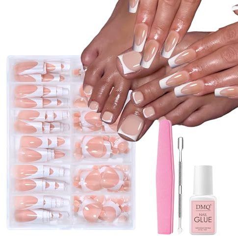 Nude French False Nail, 72PCS Long Square French False Nails & 72PCS Short Square Toenails, Reusable Tips Extensions for Home DIY (Nude)