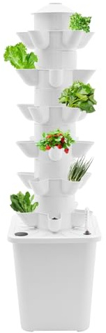 WEIGR Hydroponik-Turm 30 Löchern - 6 Etagen Hydroponic Tower Garden Aeroponic Tower Growing System Kit, Hydro Grow 10L Wassertank Vertikaler Garten Hydroponisches für Kräuter, Obst und Gemüse (Weiß)