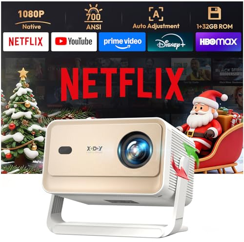XGODY Gimbal N6 pro Smart Projektor mit Wifi6 und Bluetooth, 700 ANSI | Native 1080P 4K Unterstützung 4D Auto Keystone & Autofokus, kompatibel mit Netflix, Sprachsteuerung FHD Heimkino-Projektor