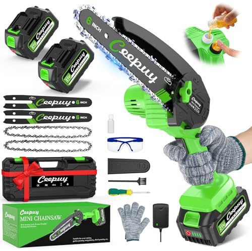 CEEPUY 6 Pollici Mini Motosega a Batteria per Potatura 2x5000 mAh, 880W Sega Elettrica per Potatura con Pompetta Olio, Motosega Elettrica a Batteria per Taglio Del Legno Giardini