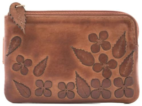 Wild Bloom Floral Coin & Card Purse by Mala Leather– Genuine Tan Leather with Appliqué Flowers, RFID Protection, 4 Card Slots, Key Rings & Zip Coin Pocket – 12 x 8.5 x 1 cm (Tan)