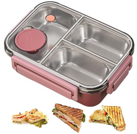Stainless Steel Lunch Box,3 Compartments Insulated Metal L-unch Box For Snacks Travel,Leakproof Large Capacity Portable Lunc-h Containers For Students School Kids Work Camping Picnic Beach Adults