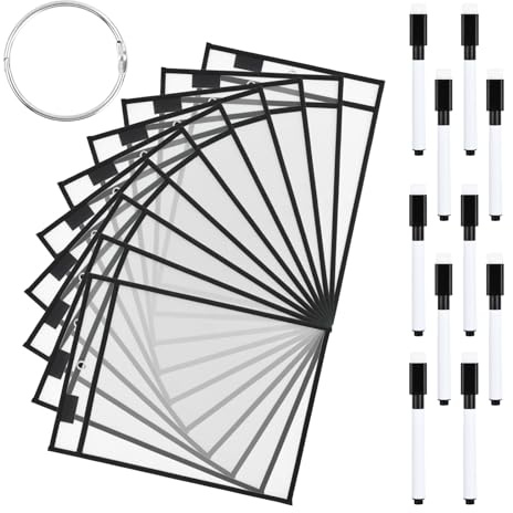10 Stück Dry Erase Taschen, A4 Wiederverwendbare Trocken Abwischbare Taschen, Abwischbare Durchsichtige Hüllen, Mehrfarbige Trocken Abwischbare Taschens mit 10 Stiften, Ring Dry Erase Pockets (B)