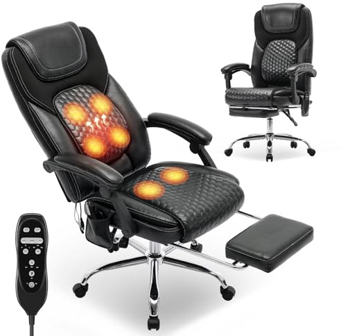 COLAMY Massage Office Chair with Footrest & Heated Lumbar Support – Ergonomic Executive Desk Chair with Reclining Back, Adjustable Height, Swivel & Padded Armrests for Home Office